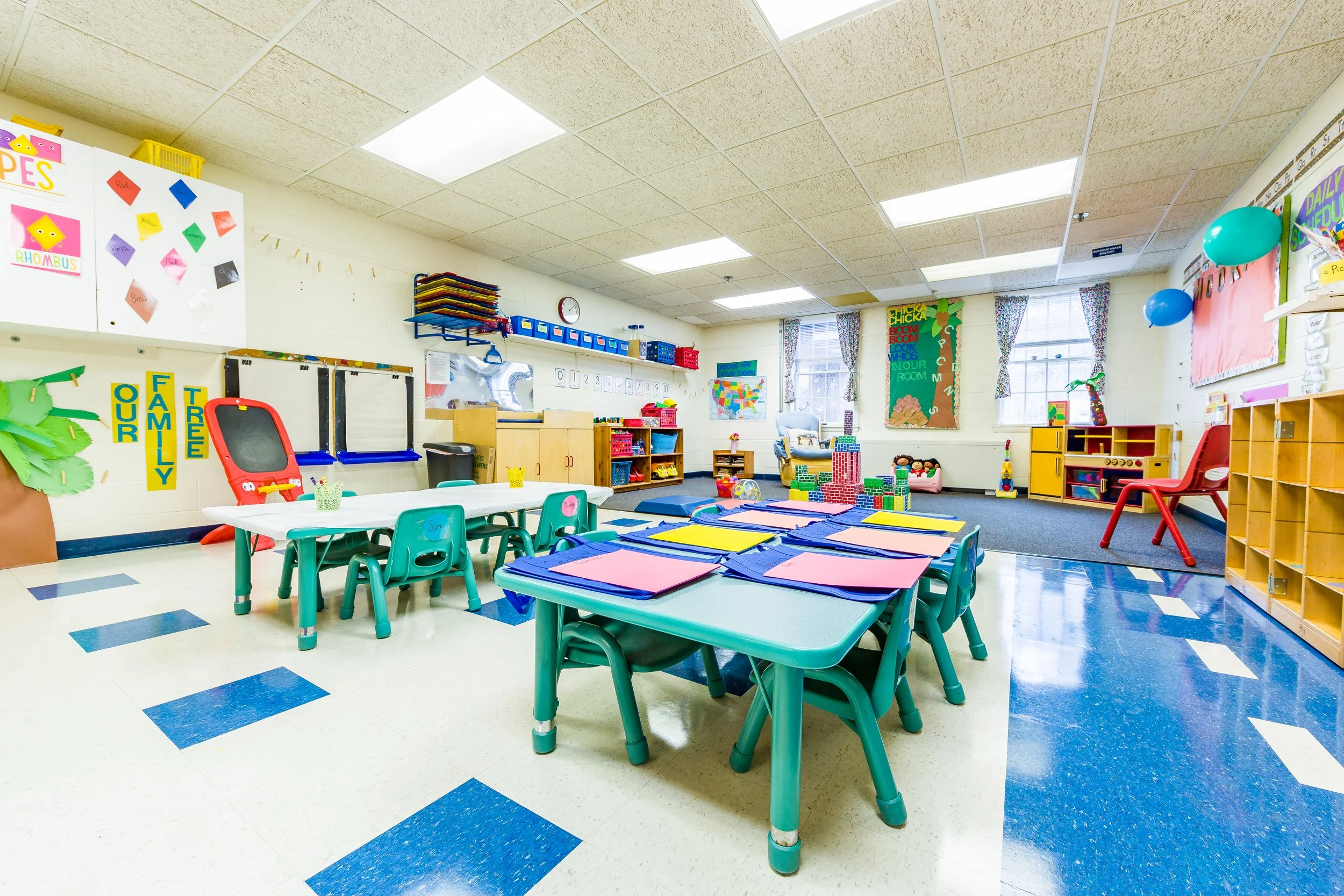 A bright First Presbyterian Preschool classroom prepared for the day